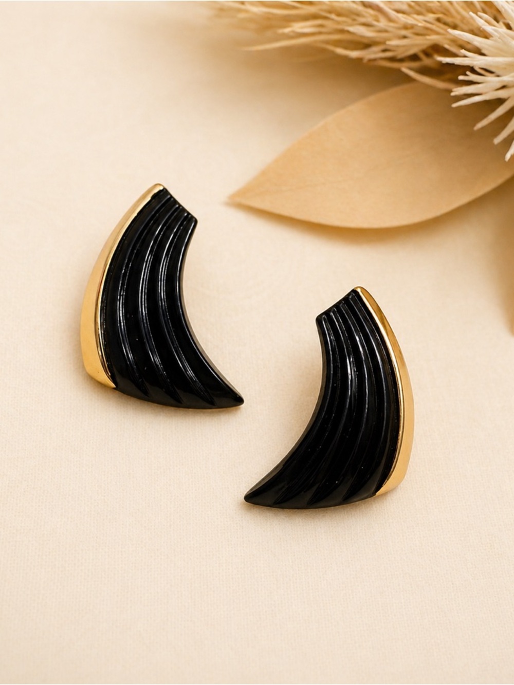Vintage Gold Tone Black Geometric Design Earrings
